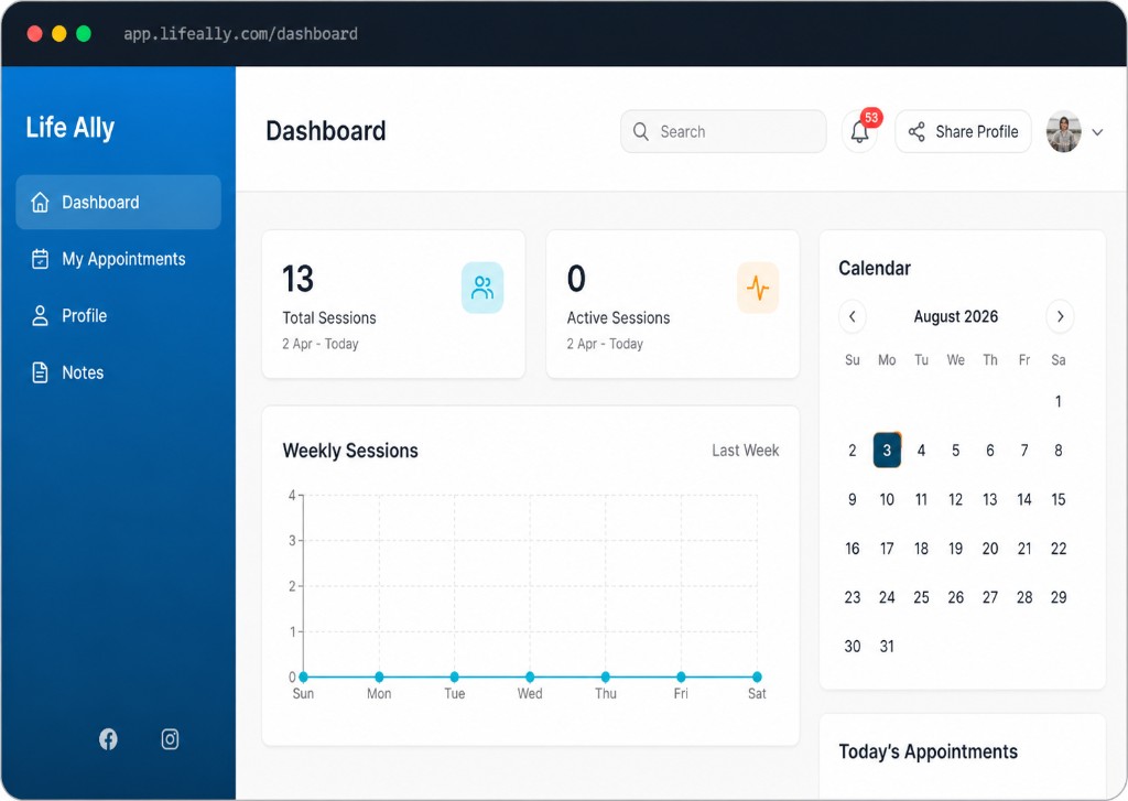 Life Ally Ally dashboard in the browser — weekly sessions and calendar
