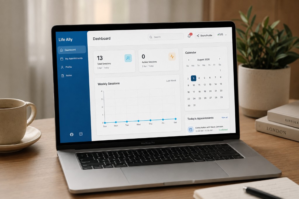 Life Ally Ally dashboard on a laptop — sessions, calendar, and appointments